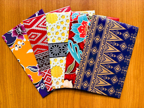 Updated bright festive batik money envelopes on glossy paper for Eid--set of 5 in wide and horizontal sizes