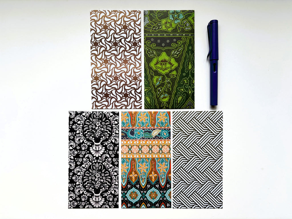 Green, black and gold geometric and batik money envelopes--set of 5 in wide or jumbo size