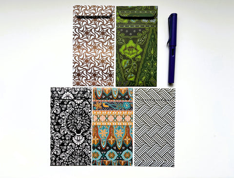 Green, black and gold geometric and batik money envelopes--set of 5 in wide or jumbo size
