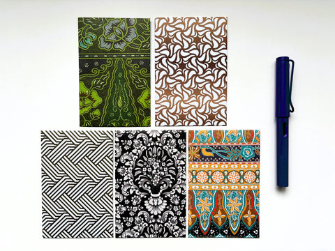 Green, black and gold geometric and batik money envelopes--set of 5 in wide or jumbo size