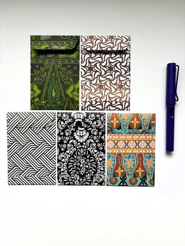 Green, black and gold geometric and batik money envelopes--set of 5 in wide or jumbo size
