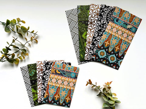 Green, black and gold geometric and batik money envelopes--set of 5 in wide or jumbo size