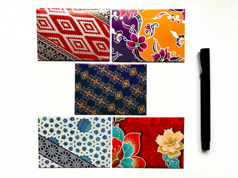 Updated bright festive batik money envelopes on glossy paper for Eid--set of 5 in wide and horizontal sizes