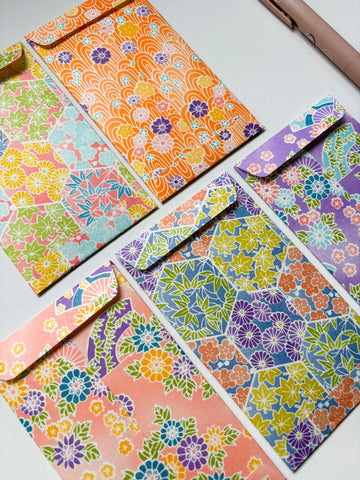 Colourful peach and purple money envelopes in tall size--set of 5 for Eid, Christmas and CNY