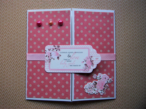 Baby girl pink polka dot square gatefold card