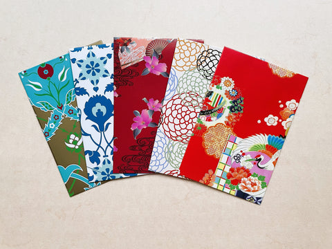Bright and intricate money envelopes in wide design--set of 5 for Christmas and CNY in red and blue