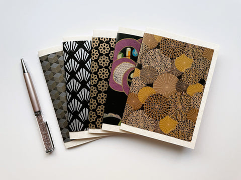 Festive black and gold patterns handmade cards with matching lined envelopes--set of 5 for Christmas and birthdays