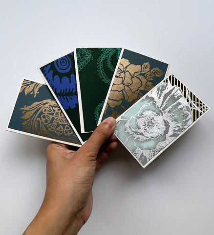 Classic dark mini notecards in blue and green tones--set of 5 notecards only