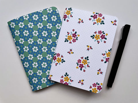 Sweet turquoise, pink and white floral notebook set of 2--for childrens' Christmas present and birthdays
