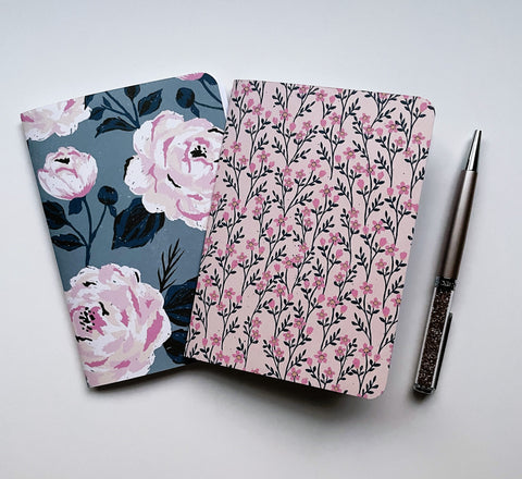 Pink and blue roses and florals notebooks set of 2--for Christmas, birthdays, weddings