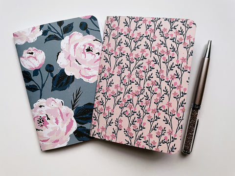 Pink and blue roses and florals notebooks set of 2--for Christmas, birthdays, weddings