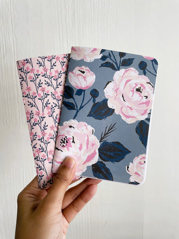 Pink and blue roses and florals notebooks set of 2--for Christmas, birthdays, weddings