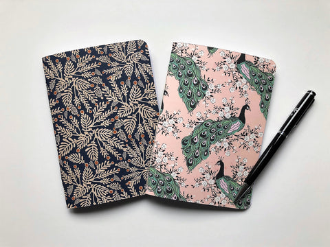 Peacocks and ferns hand-bound notebooks in A6 size--gift set of 2 notebooks