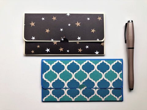 Gold stars and blue tile long money envelopes--set of 2 for Christmas