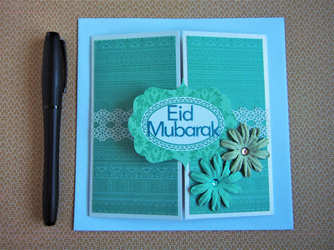 Unique square gatefold Eid Mubarak card in emerald green