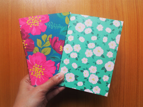 Turquoise and pink blooms handbound notebooks set of 2--birthday gifts for sisters, nature lovers, girlfriends