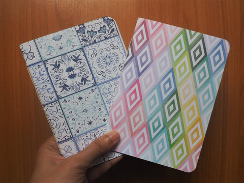 Colourful diamonds and light blue mosaic tiles handbound notebooks set of 2--Christmas stocking stuffers and birthday gifts for kids