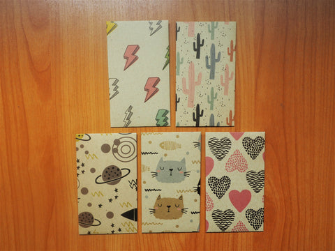 Kraft paper money envelopes with cute colourful sketches--set of 5 for kids, Christmas stocking stuffers, birthdays