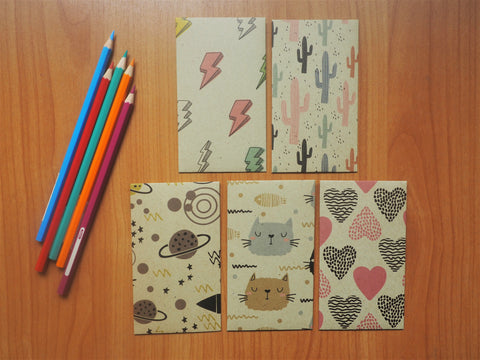 Kraft paper money envelopes with cute colourful sketches--set of 5 for kids, Christmas stocking stuffers, birthdays