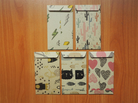 Kraft paper money envelopes with cute colourful sketches--set of 5 for kids, Christmas stocking stuffers, birthdays