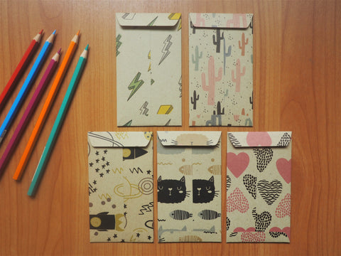 Kraft paper money envelopes with cute colourful sketches--set of 5 for kids, Christmas stocking stuffers, birthdays