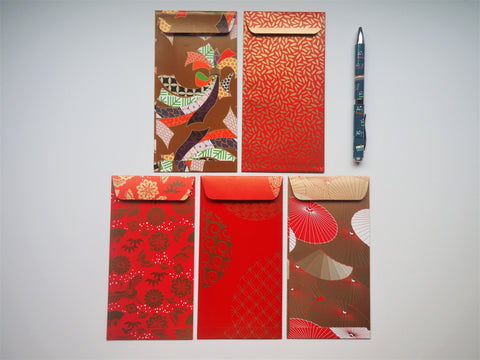 Glossy red and gold Chinese money envelopes for Lunar New Year and Christmas--set of 5 in jumbo and horizontal sizes