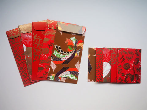 Glossy red and gold Chinese money envelopes for Lunar New Year and Christmas--set of 5 in jumbo and horizontal sizes