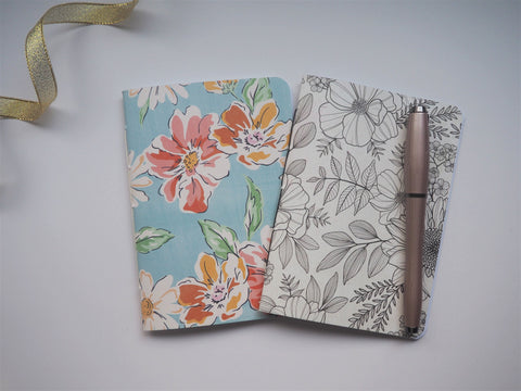 Sketched wildflowers in monochrome and pastel blue--set of 2 notebooks for the flower and nature lovers
