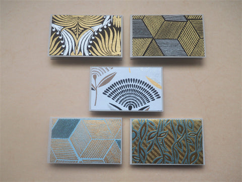 Elegant mini notecards with shiny and textured geometric designs--set of 5 in black, silver and gold, for Eid, Christmas, co-workers