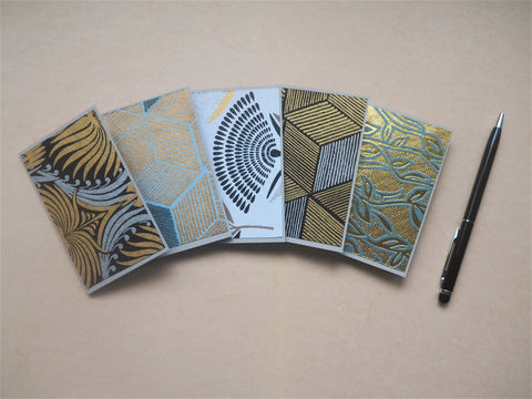 Elegant mini notecards with shiny and textured geometric designs--set of 5 in black, silver and gold, for Eid, Christmas, co-workers