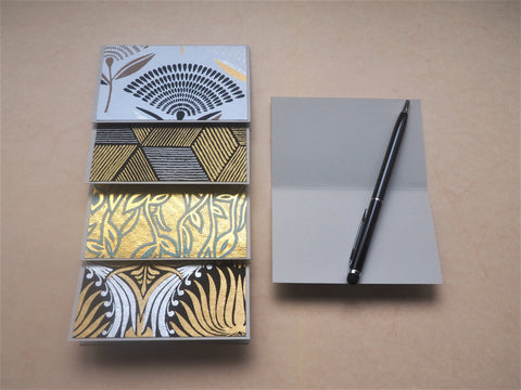 Elegant mini notecards with shiny and textured geometric designs--set of 5 in black, silver and gold, for Eid, Christmas, co-workers