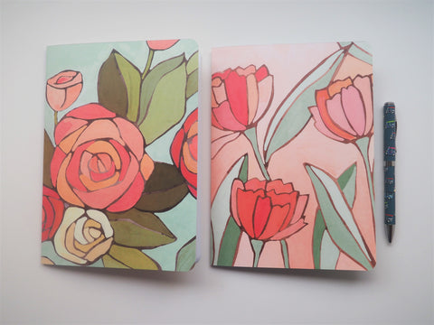 Watercolour tulips and roses A5 notebooks set of 2--for mother and child on Mother's Day, birthdays, Christmas