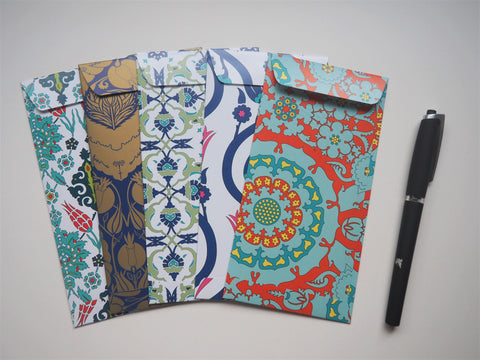 Delicate blue Turkish patterns money envelopes for Eid--set of 5 in jumbo or horizontal design