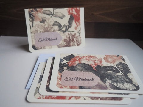 Rustic floral Eid Mubarak handmade cards--set of 4 blank cards with matching lined envelopes