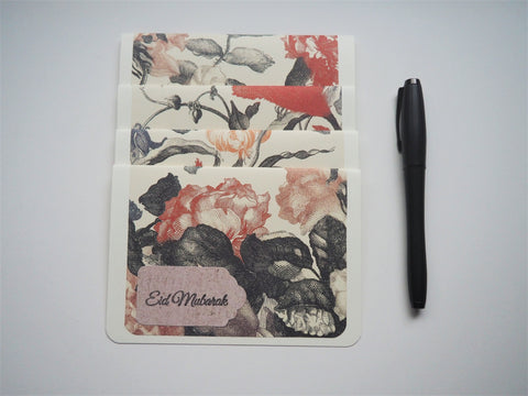 Rustic floral Eid Mubarak handmade cards--set of 4 blank cards with matching lined envelopes