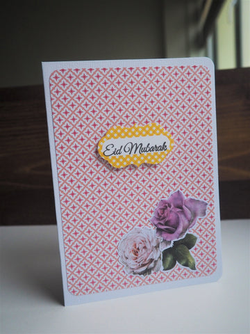 Pink Peranakan tiles Eid Mubarak card with floral embellishments and matching lined envelope