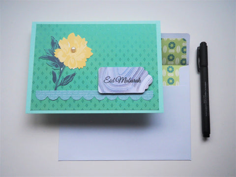 Green Eid Mubarak handmade card with floral detail