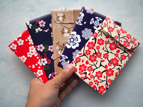 Abstract sakura money envelopes for Eid, Christmas and Chinese New Year--set of 5 handmade envelopes in wide design
