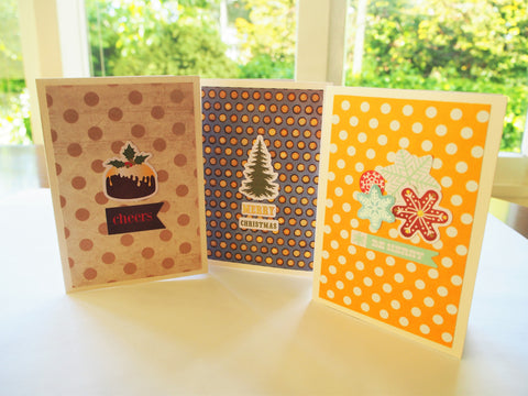 Christmas card sets--3 contemporary cards with pretty polka-dot backgrounds in assorted colours
