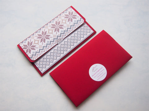 Christmas winter knits design money envelopes on red cardstock--set of 2