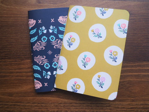 Nordic-style flowers on olive and dark blue--set of 2 notebooks for Christmas