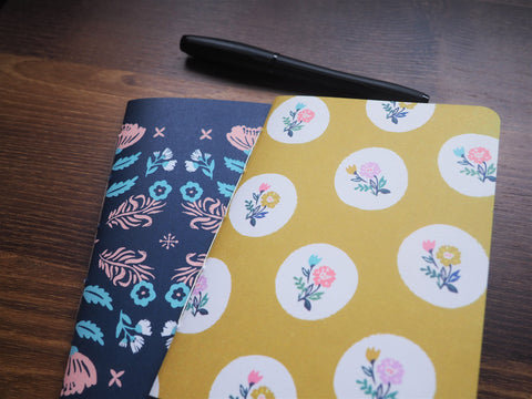 Nordic-style flowers on olive and dark blue--set of 2 notebooks for Christmas