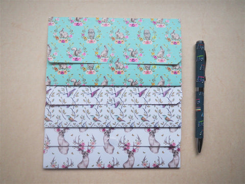 Woodland creatures long money envelopes--set of 3, Christmas, birthdays, gift for her