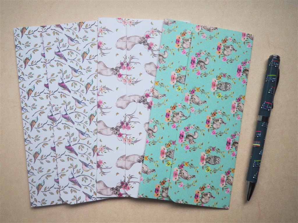 Woodland creatures long money envelopes--set of 3, Christmas, birthdays, gift for her