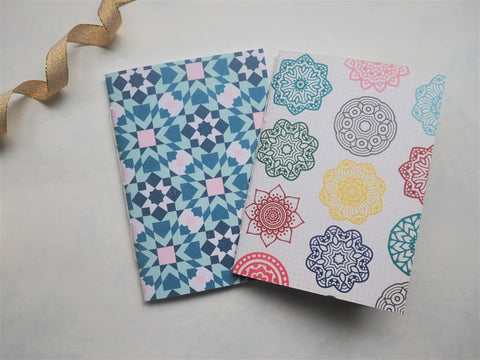 Blue mosaics and colourful mandalas--set of 2 handbound notebooks for Christmas and birthdays