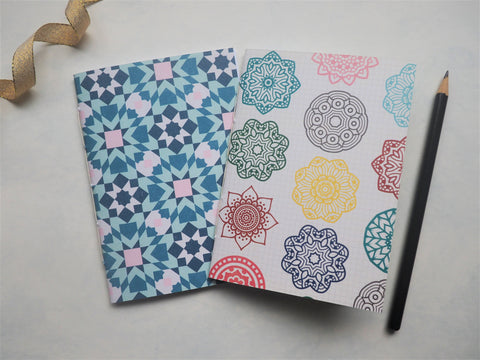 Blue mosaics and colourful mandalas--set of 2 handbound notebooks for Christmas and birthdays