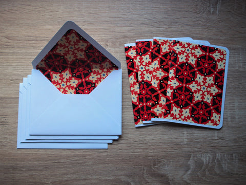 Bold arabesque card and envelope set in red and black--complete set of 4
