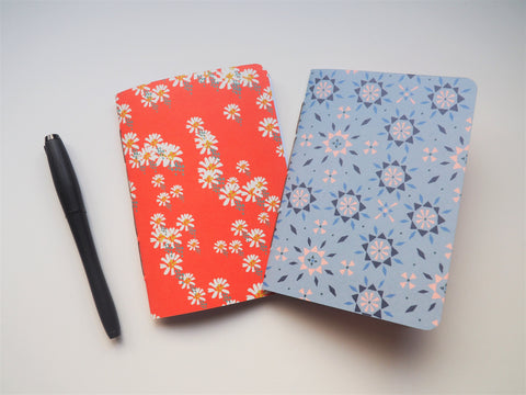Pretty little floral motifs notebooks in red and blue set of 2--for Chinese New Year, Christmas and Valentine's