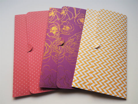 Golden flowers, polka dots and zigzag long money envelopes--set of 3 for CNY, Christmas and birthdays