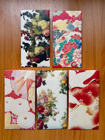 Vintage floral kimono money envelopes in jumbo size--set of 5 in red and dark colours for weddings, Eid and Christmas